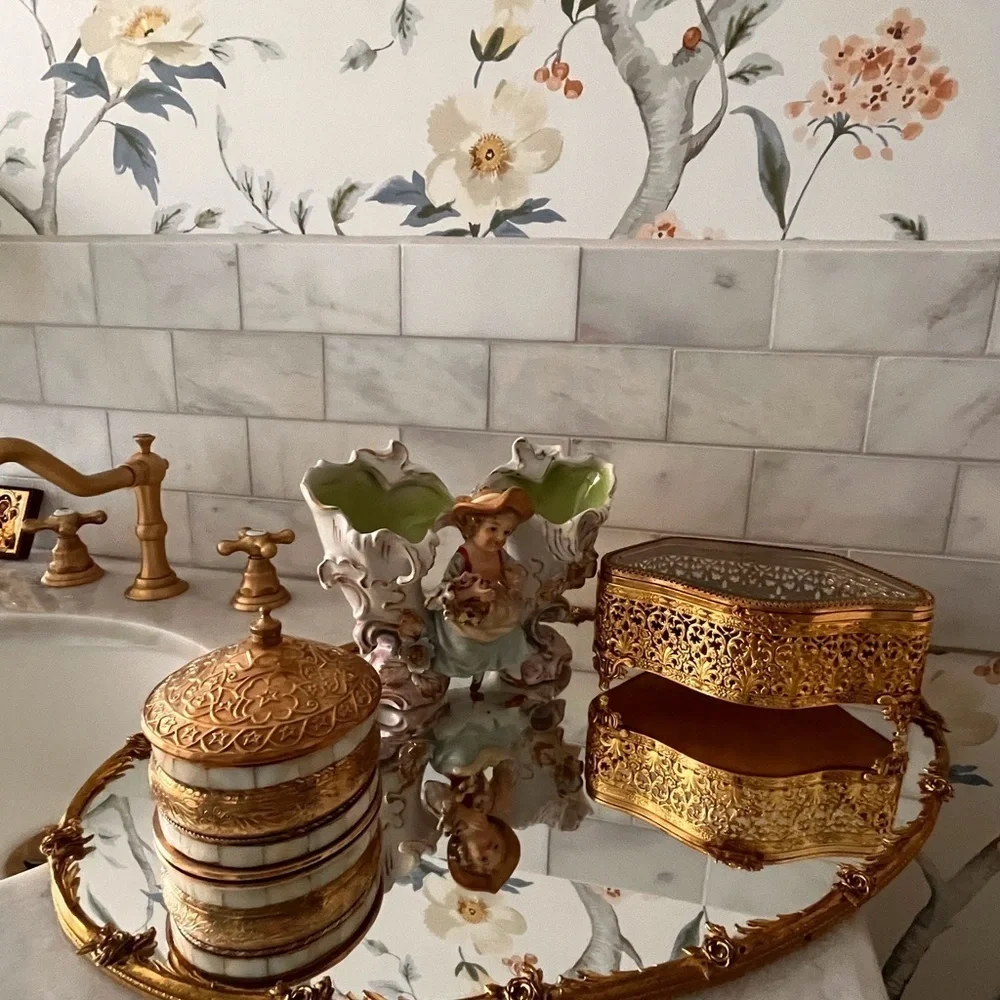 Large antique ,gold brass floral motif vanity tray . Rare